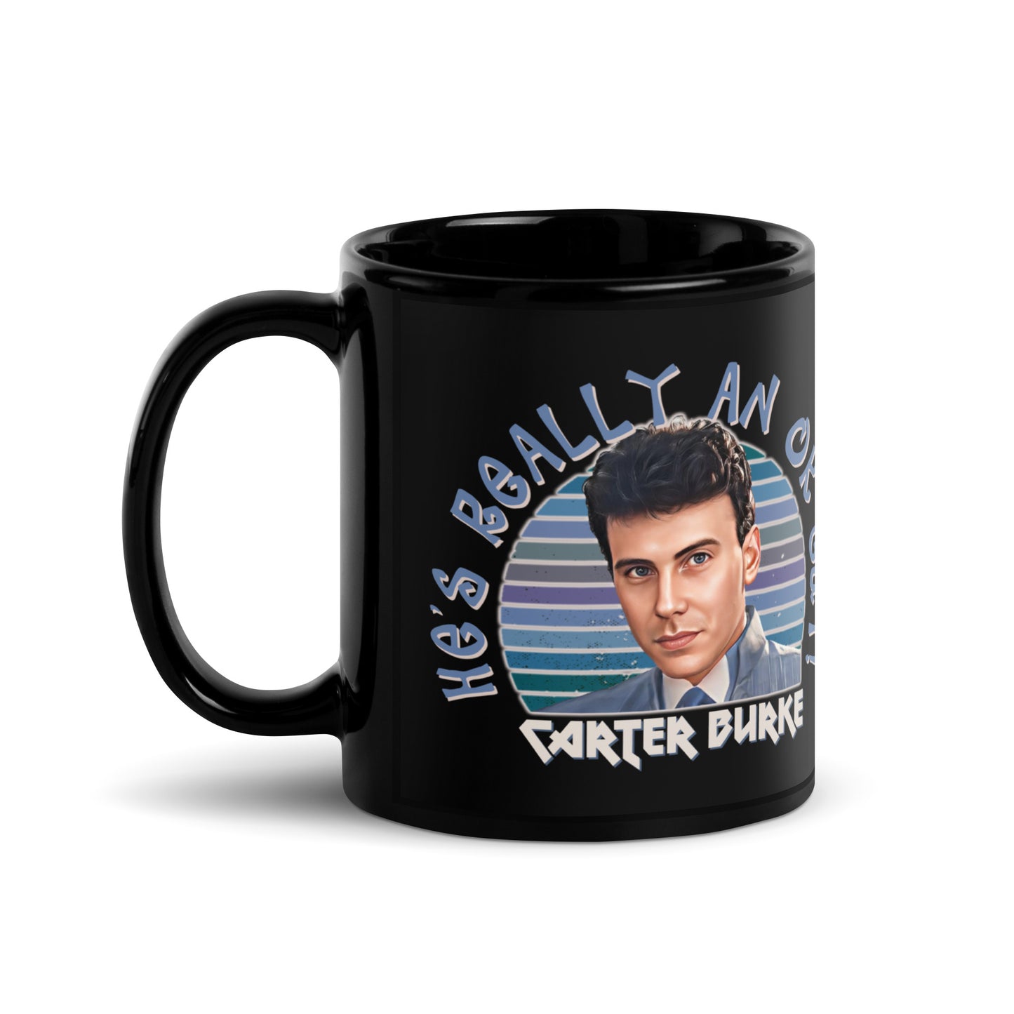 A black ceramic mug with an image of Carter Burke from the Aliens movie franchise and the text 'He's really an okay guy.'