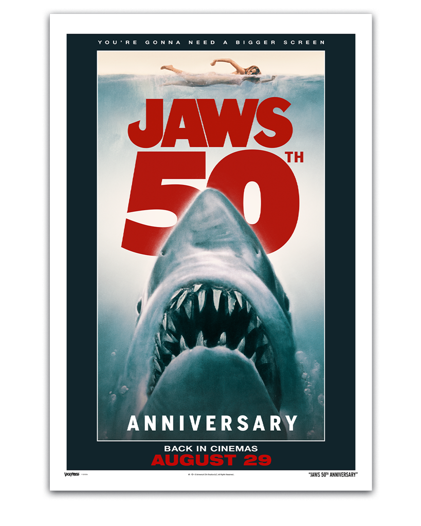 Promotional poster for Jaws 50th Anniversary with a shark and text about its return to cinemas.