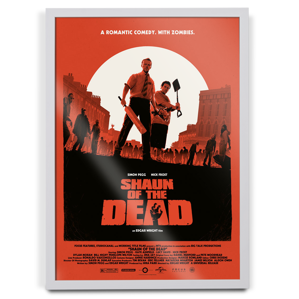 Movie poster for 'Shaun of the Dead' with two characters holding weapons against a red background.