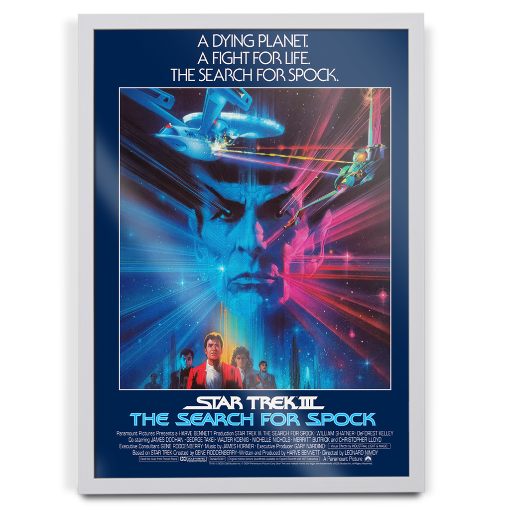 Movie poster for 'Star Trek III: The Search for Spock' with vibrant colors and text.