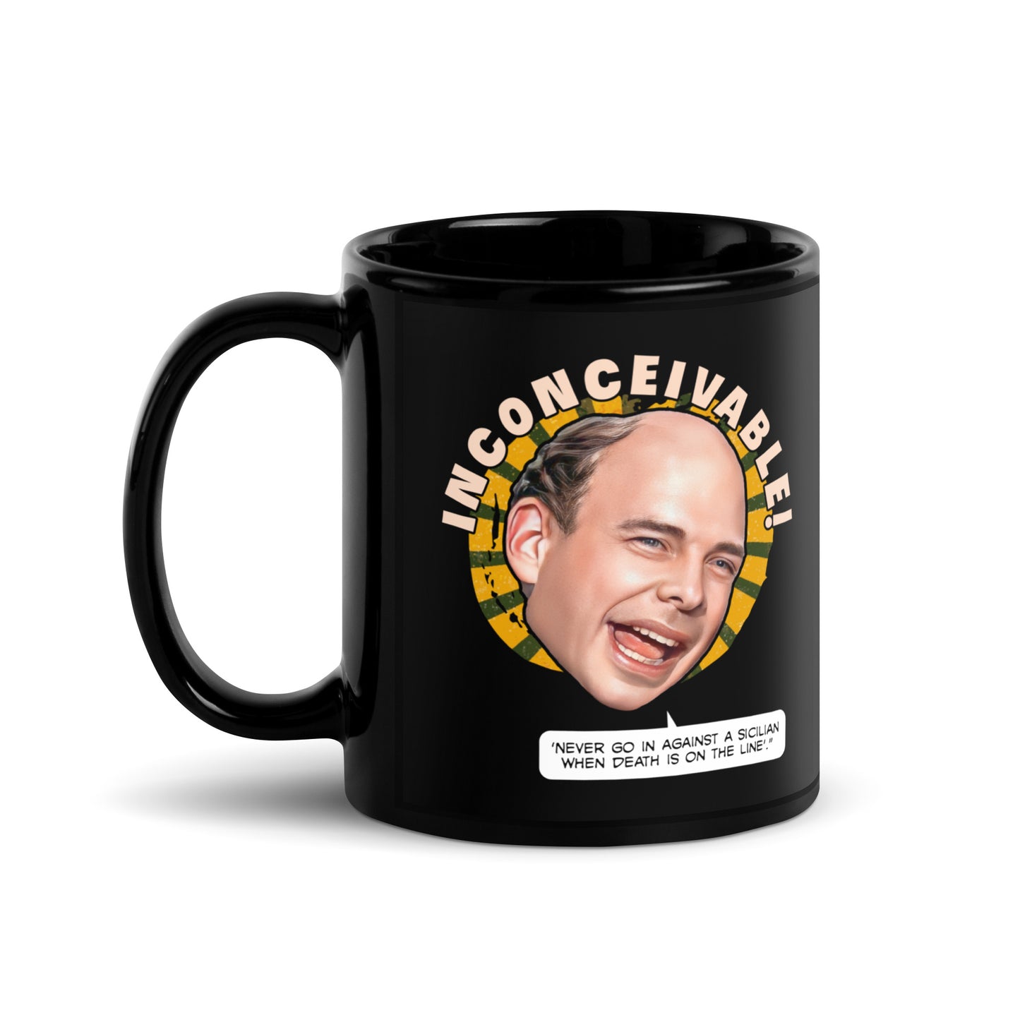 Black mug featuring a caricature of Vizzini from The Princess Bride with the word “INCONCEIVABLE!” and a quote bubble underneath.