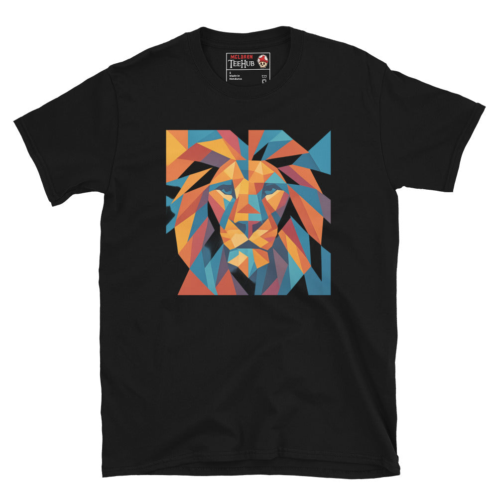 Black t-shirt with a colorful lion graphic on a white background