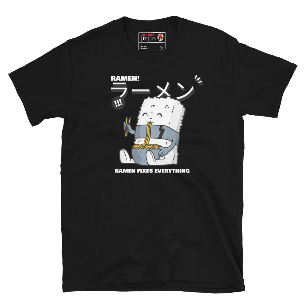 Black t-shirt Cute ramen cartoon T-shirt with Japanese text and a rice character holding noodles – "Ramen Fixes Everything" design.