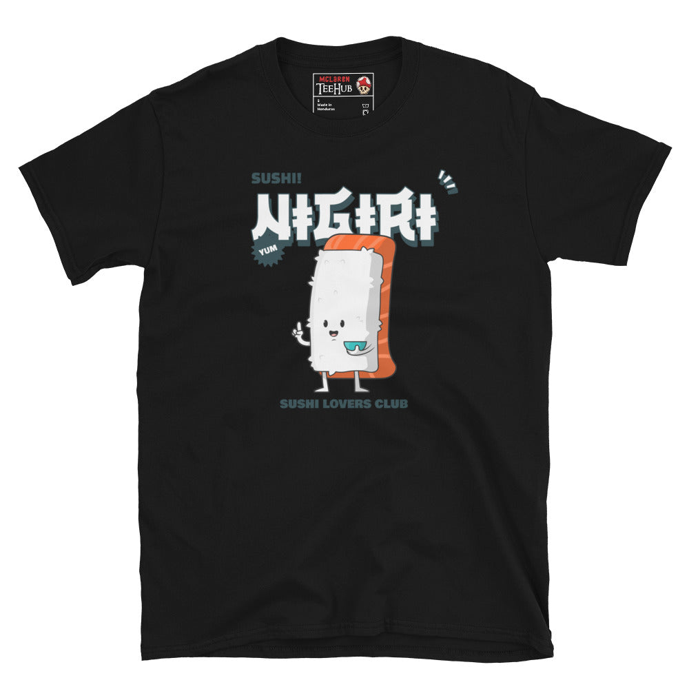 Black T-shirt featuring a cute cartoon salmon nigiri with “Sushi Lovers Club” text and bold Japanese graphics.