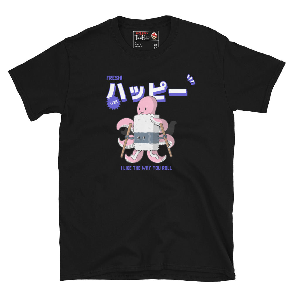 Black T-shirt with cartoon octopus rolling sushi using chopsticks and the phrase “I Like the Way You Roll” in purple text.