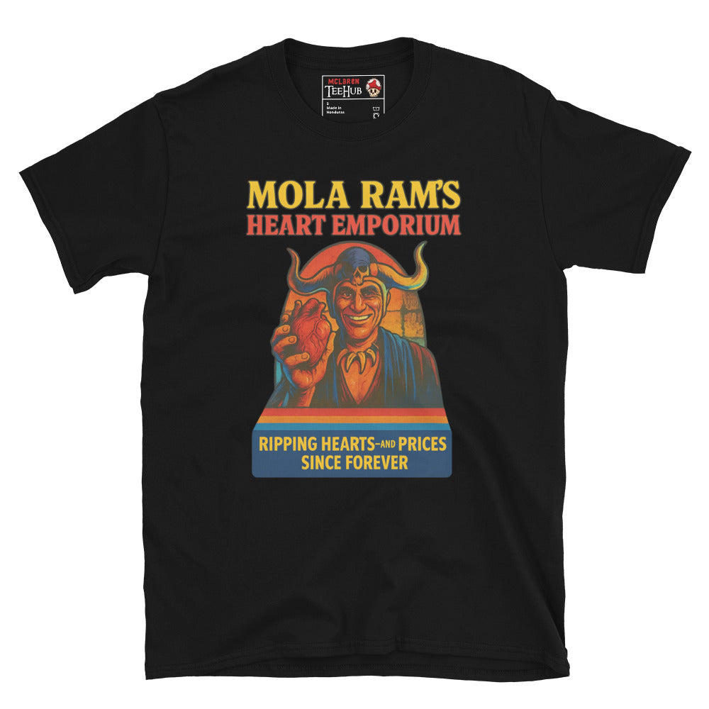 Black T-shirt featuring a parody ad of Mola Ram holding a heart with the text “Mola Ram’s Heart Emporium – Ripping hearts and prices since forever.”
