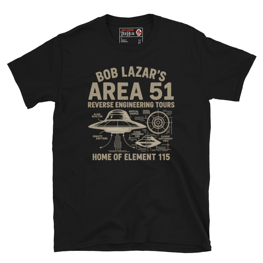 Black T-shirt featuring a vintage UFO schematic with labeled parts and text: “Bob Lazar’s Area 51 Reverse Engineering Tours – Home of Element 115.”