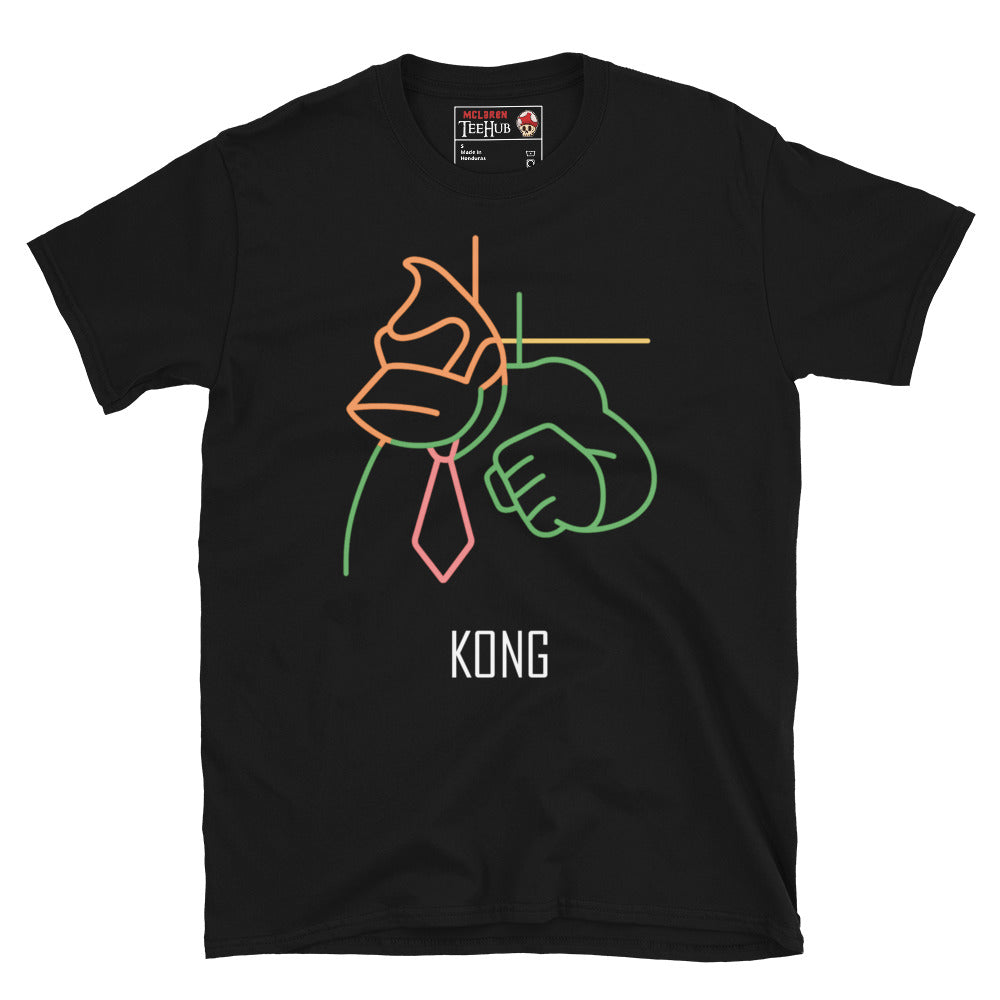 Black t-shirt featuring neon line art of a tie-wearing gorilla with the word "KONG" underneath. Retro gaming style.
