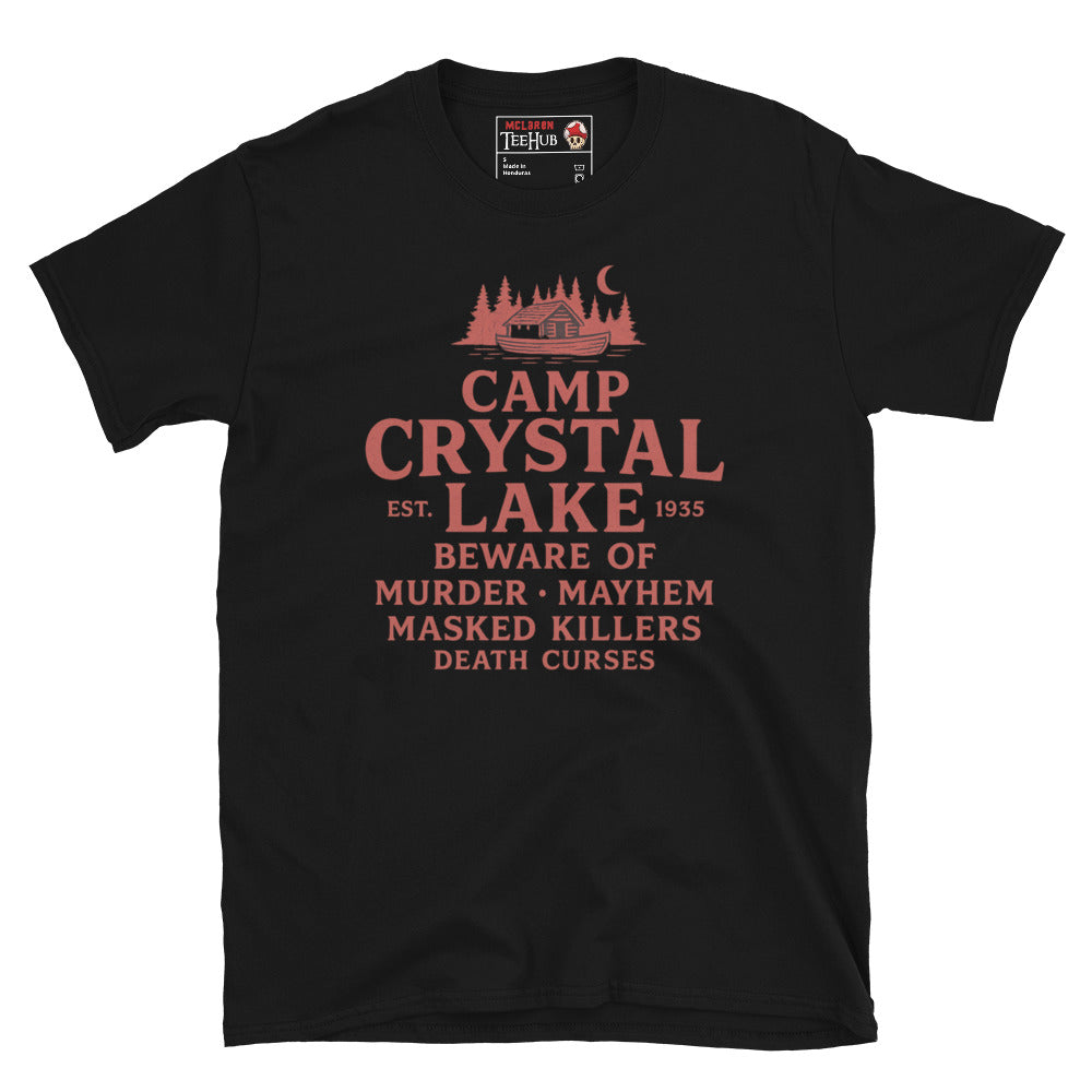 Black T-shirt featuring a red retro design of Camp Crystal Lake with horror warning text inspired by the Friday the 13th franchise.