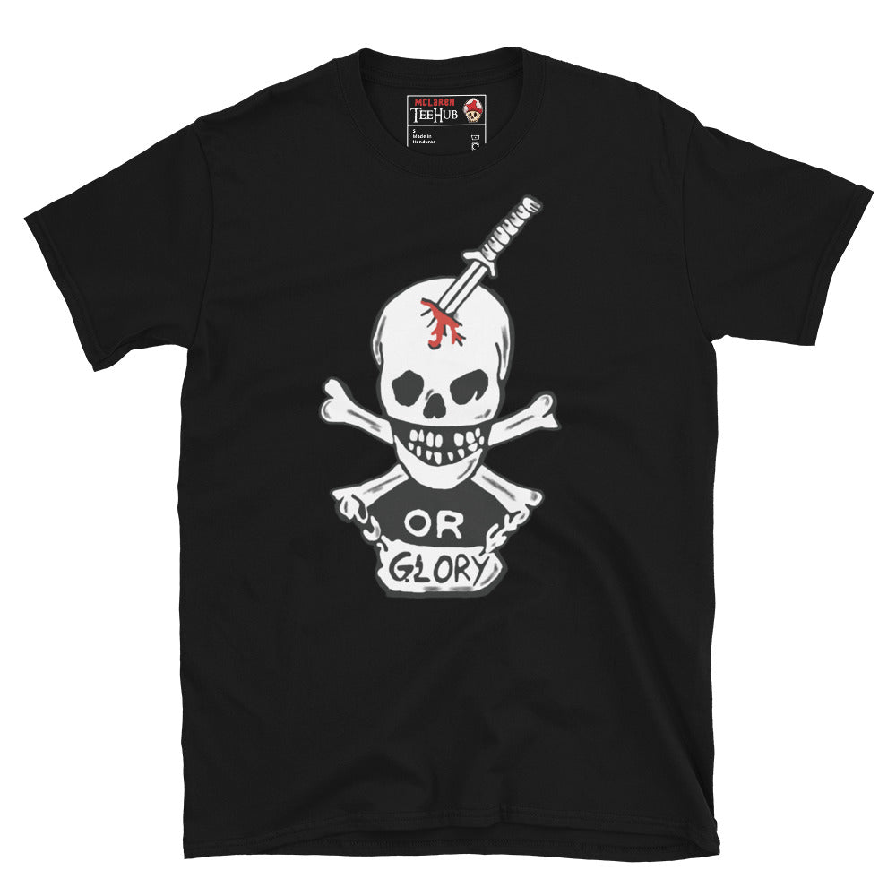 Black T-shirt featuring the "Or Glory" skull and katana design inspired by Private Hudson's body armor from the movie Aliens.