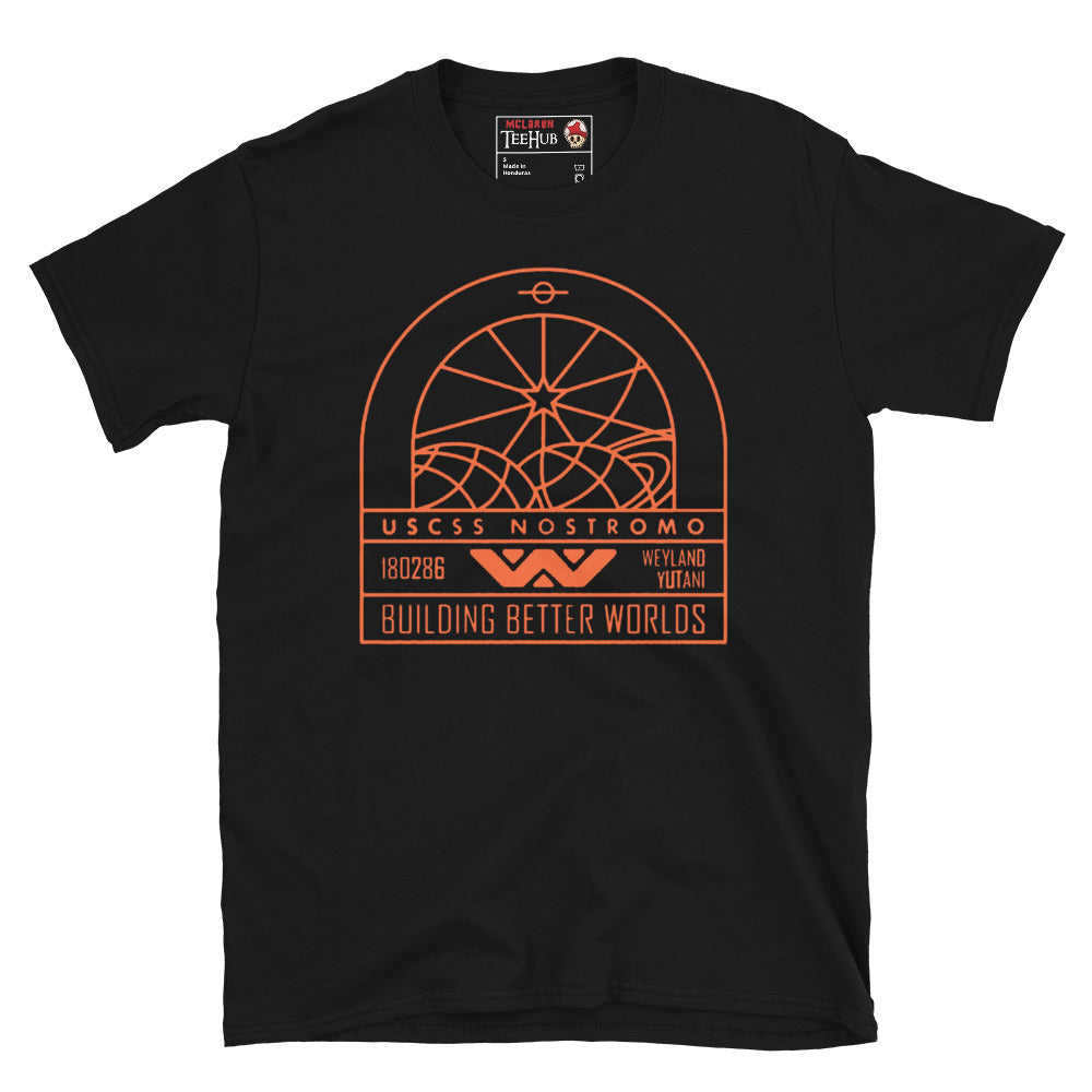 Black T-shirt featuring a minimalist orange line art graphic of the USCSS Nostromo badge with Weyland-Yutani branding and “Building Better Worlds” slogan.