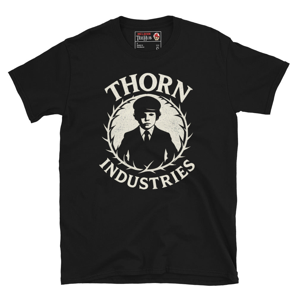 Black T-shirt featuring the fictional "Thorn Industries" logo with a silhouette of Damien Thorn from The Omen, surrounded by a thorny wreath.