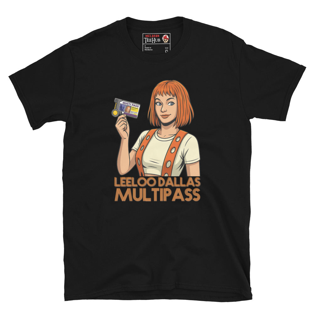 Cartoon-style Leeloo from The Fifth Element holding a multipass with the words “Leeloo Dallas Multipass” on a black coloured T-shirt.