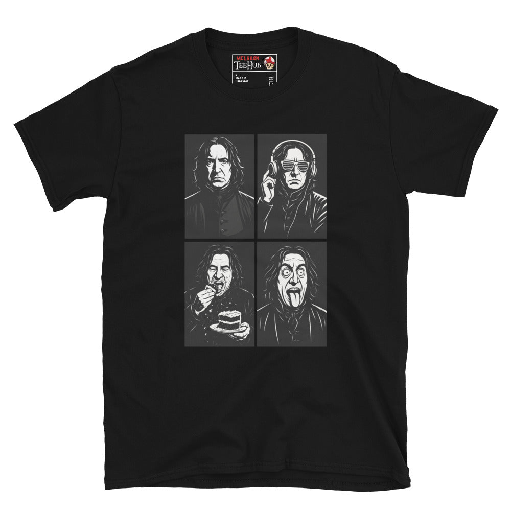 Severus Snape Funny Expressions Black T-Shirt – DJ, Cake, and Crazy Faces Design"
