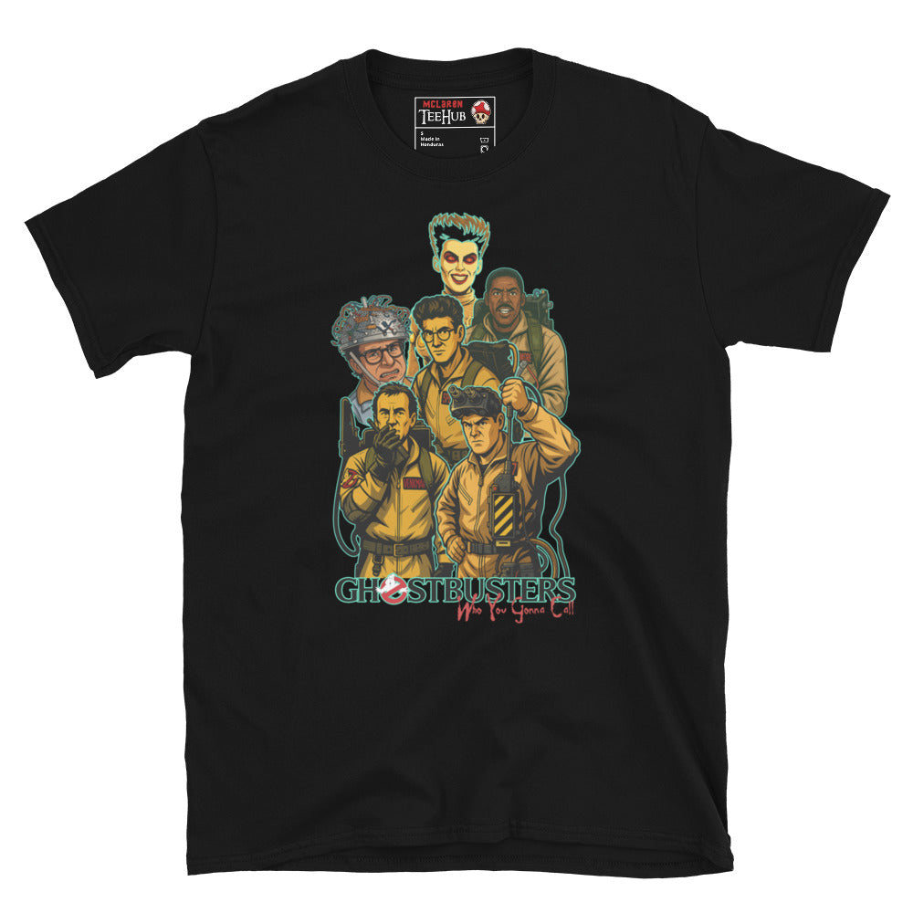 Ghostbusters "Who You Gonna Call?" Black T-shirt with classic 80s movie characters design.