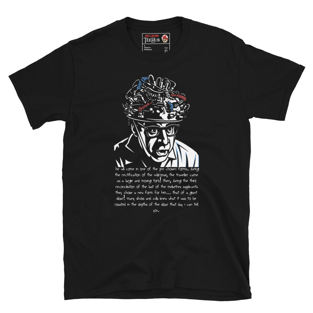 Black Ghostbusters T-shirt featuring Louis Tully with a wired helmet and the Giant Sloar quote, exclusive to McClaren Tee Hub.
