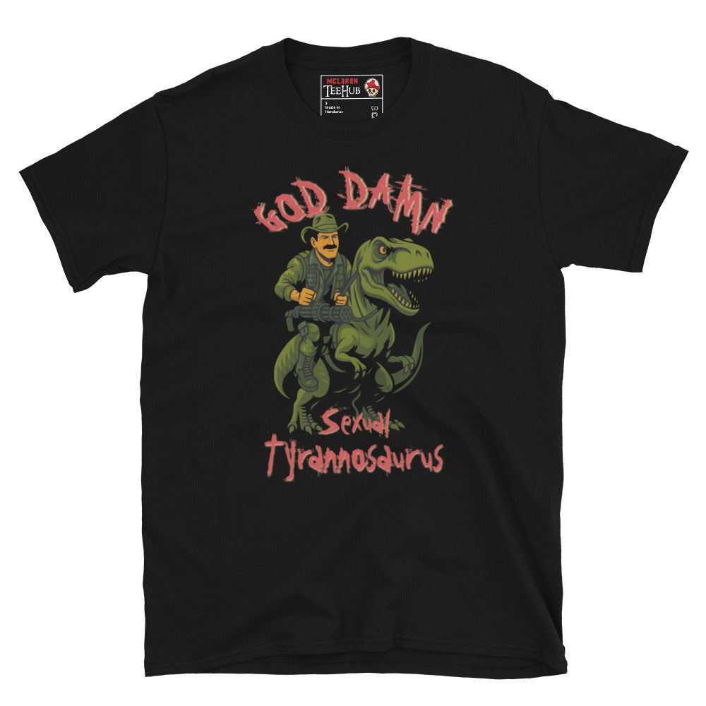 Black T-shirt featuring Blain from Predator riding a Tyrannosaurus rex – Sexual Tyrannosaurus quote parody