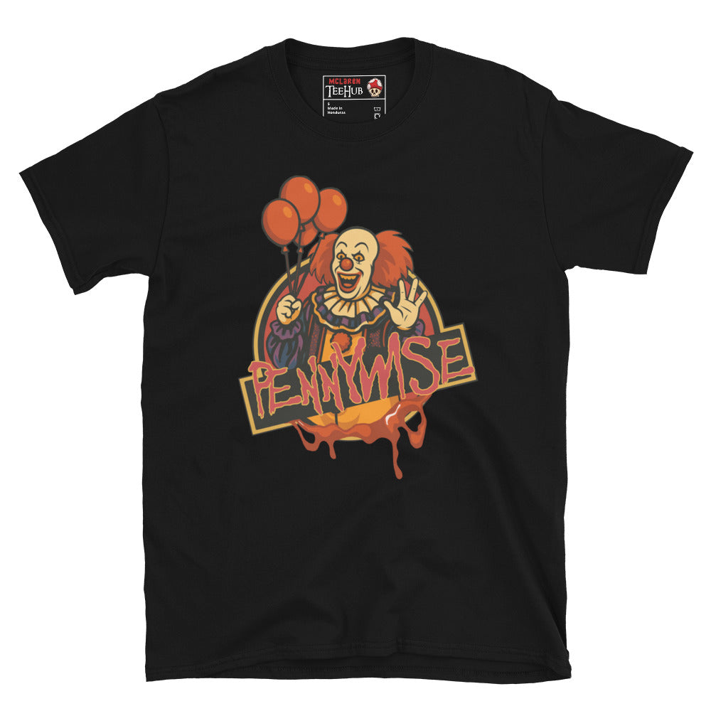 Black Pennywise horror clown T-shirt with creepy red balloons and dripping retro text design – McLaren T-Hub