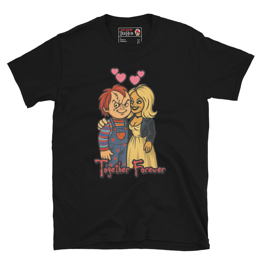 Black T-shirt featuring cartoon-style Chucky and Tiffany with hearts above their heads and the phrase “Together Forever” in horror font