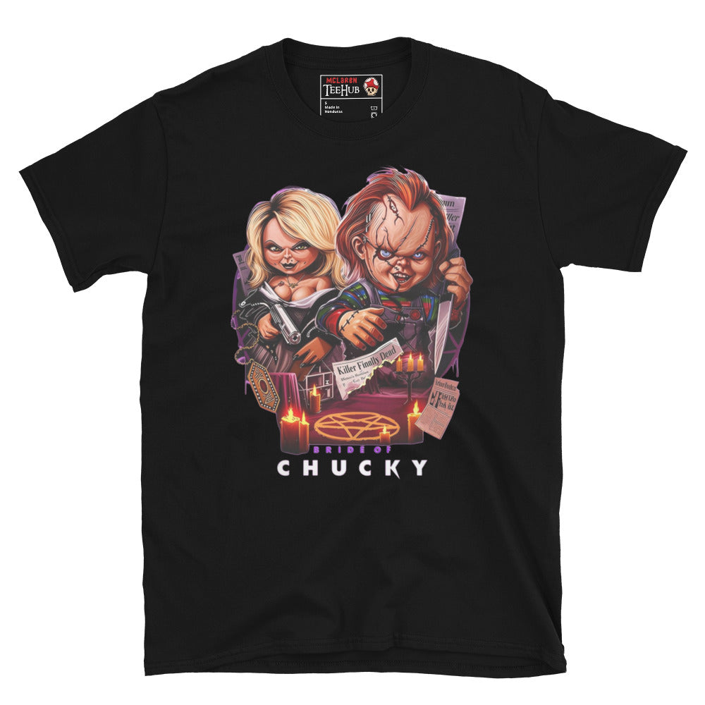 Black T-shirt featuring a vibrant Bride of Chucky design with Chucky and Tiffany, candles, voodoo symbols, and horror aesthetic