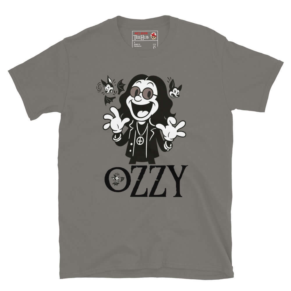 Cartoon Ozzy Osbourne bat T-shirt in retro style – Charcoal music graphic tee exclusive to McClaren Tee Hub