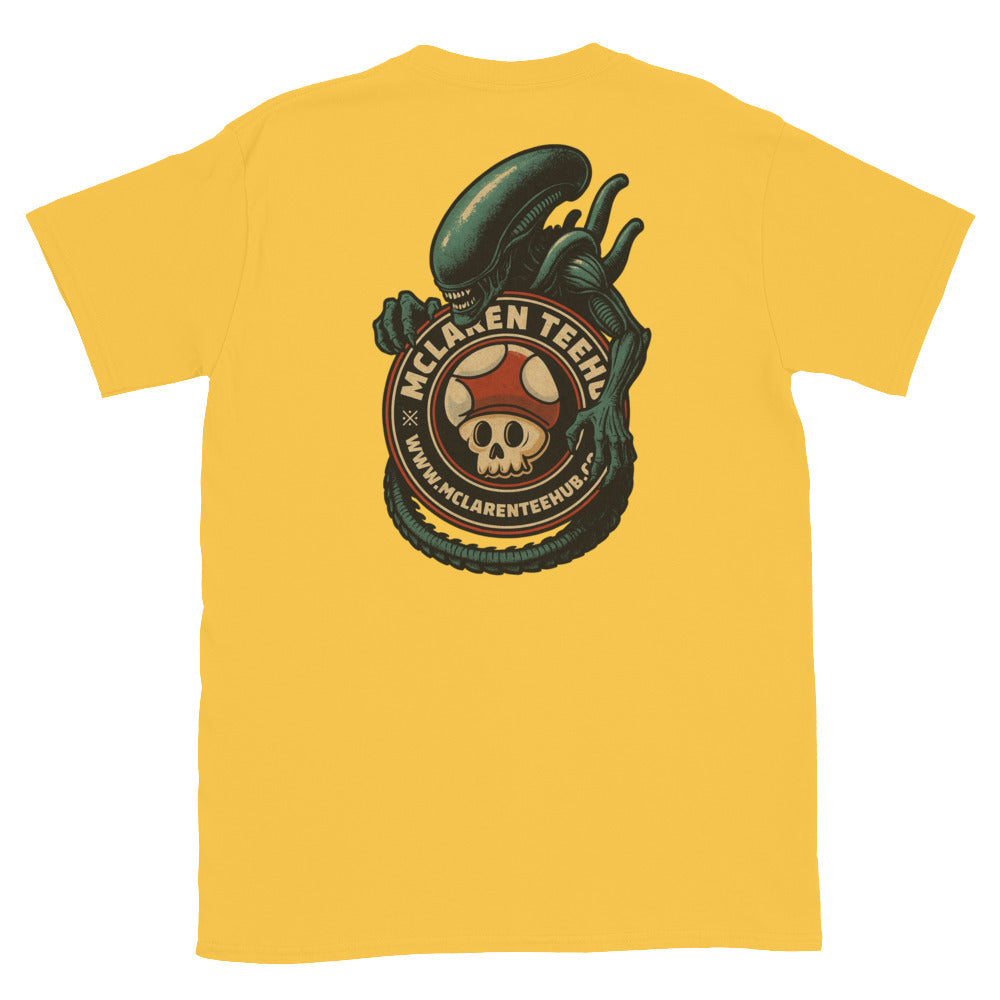 Large graphic on back of Daisy Yellow T-shirt featuring an alien creature wrapped around the McLaren Tee Hub skull mushroom emblem.