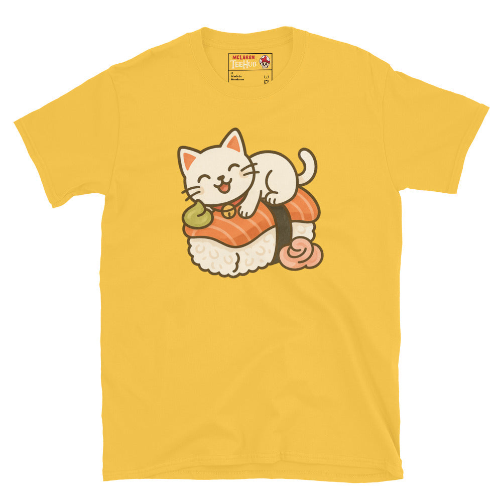 Daisy Yellow t-shirt featuring a kawaii cartoon cat lounging on a piece of salmon nigiri sushi with wasabi and ginger.