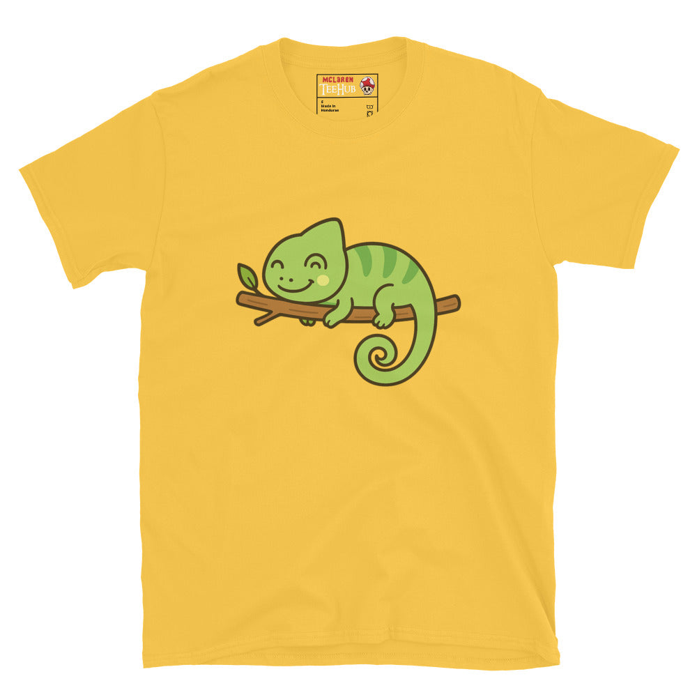Daisy Yellow t-shirt with a green chameleon graphic on a white background
