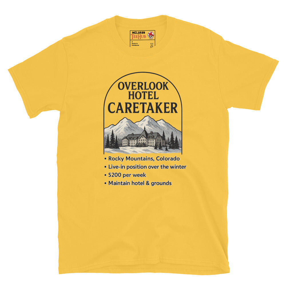 Daisy Yellow T-shirt featuring a faux job ad for the Overlook Hotel caretaker position with mountains and hotel graphic, inspired by The Shining.