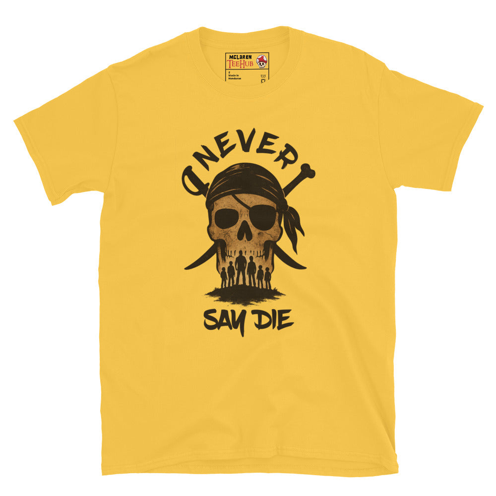Daisy Yellow T-shirt with pirate skull graphic and silhouettes of the Goonies crew beneath the words “Never Say Die.”