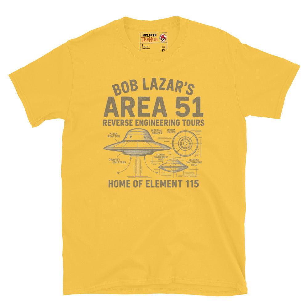 Daisy Yellow T-shirt featuring a vintage UFO schematic with labeled parts and text: “Bob Lazar’s Area 51 Reverse Engineering Tours – Home of Element 115.”