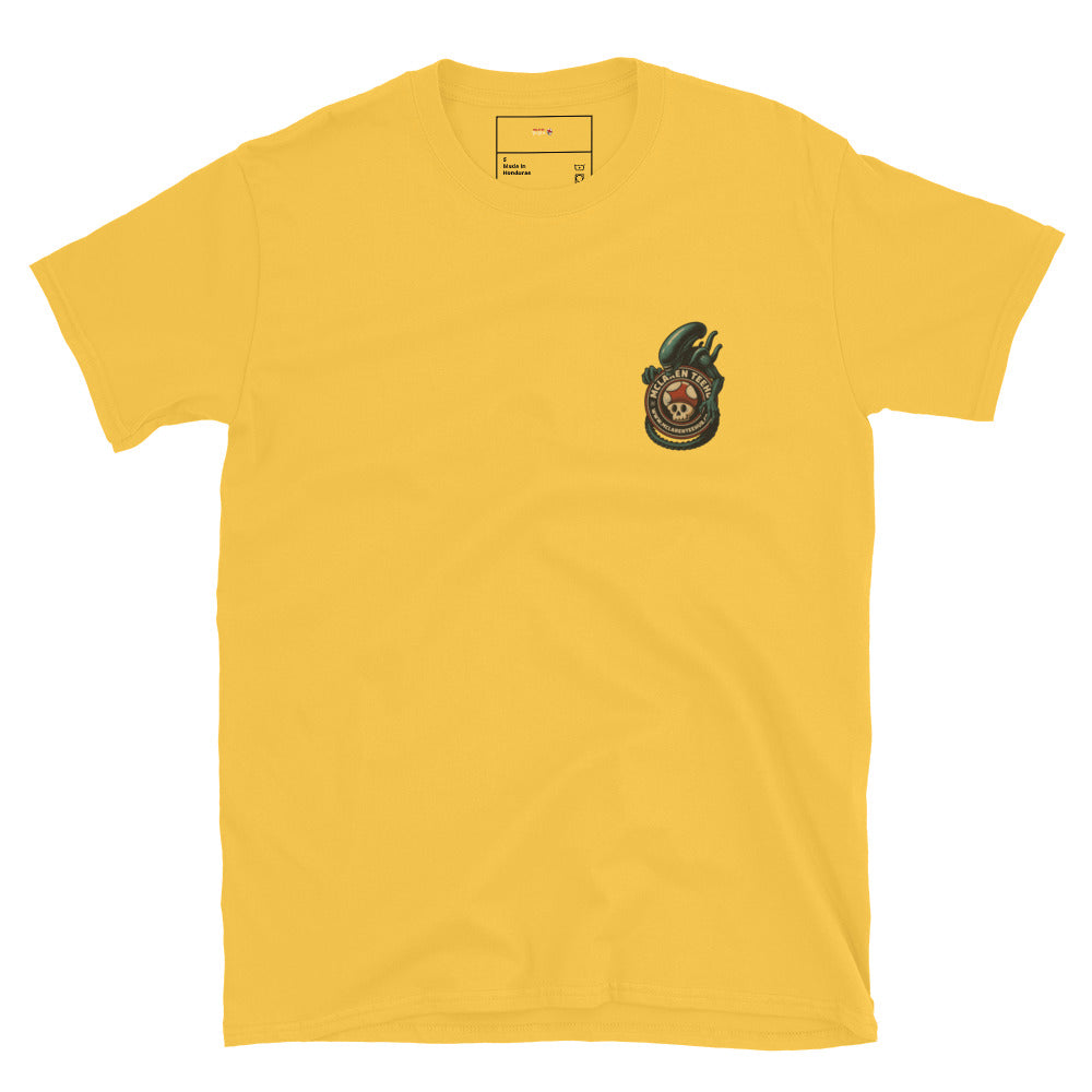 Daisy Yellow T-shirt with front pocket-sized graphic of a xenomorph coiled around McLaren Tee Hub logo.