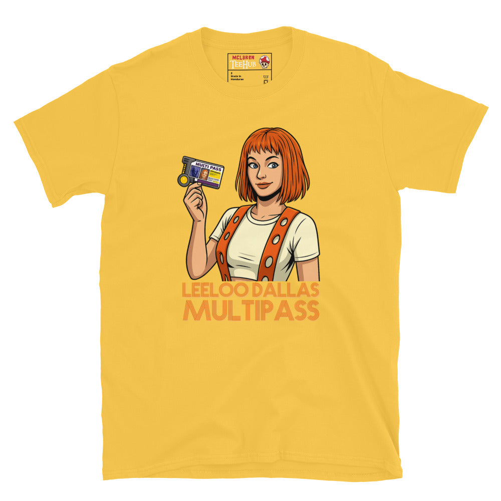 Cartoon-style Leeloo from The Fifth Element holding a multipass with the words “Leeloo Dallas Multipass” on a Daisy Yellow coloured T-shirt.