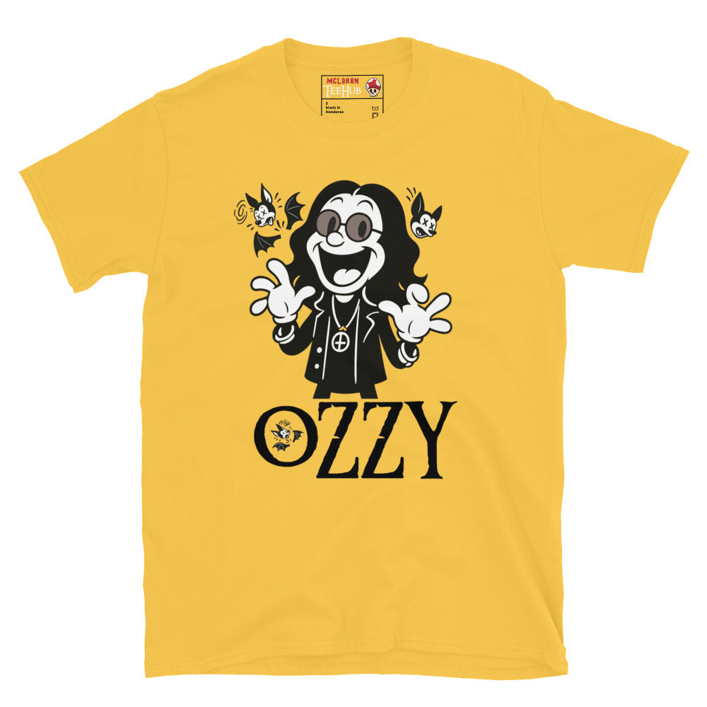Cartoon Ozzy Osbourne bat T-shirt in retro style – Daisy Yellow colour music graphic tee exclusive to McClaren Tee Hub