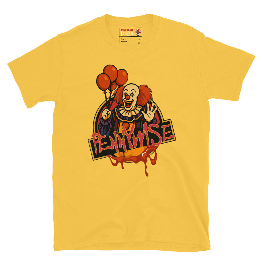 Daisy Yellow Pennywise horror clown T-shirt with creepy red balloons and dripping retro text design – McLaren T-Hub