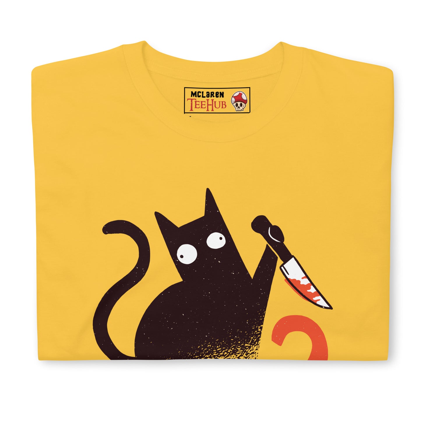 What? Cat meme daisy Yellow T-shirt dark humor graphic design McLaren TeeHub