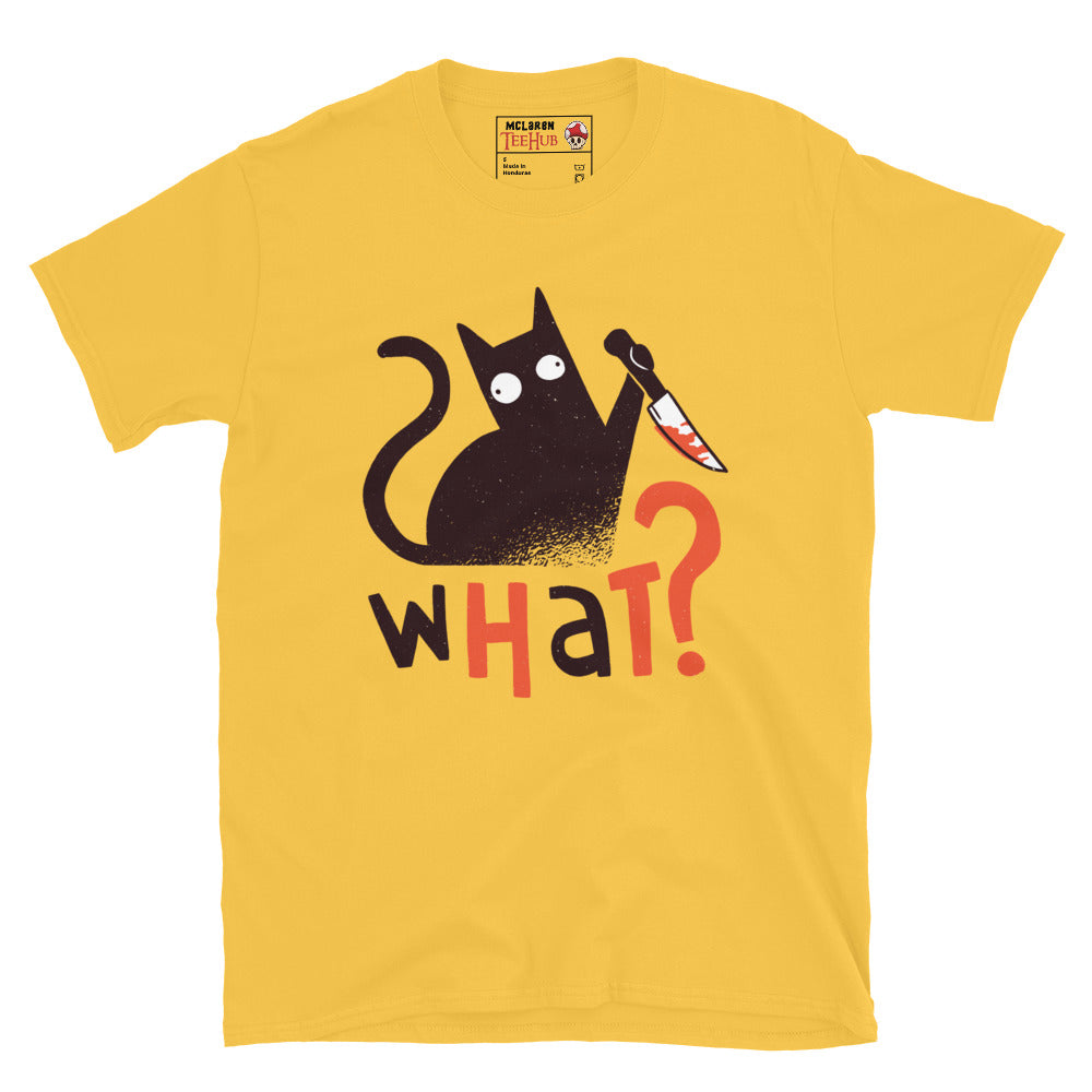 Killer cat graphic tee for horror fans and cat lovers, daisy Yellow T-shirt