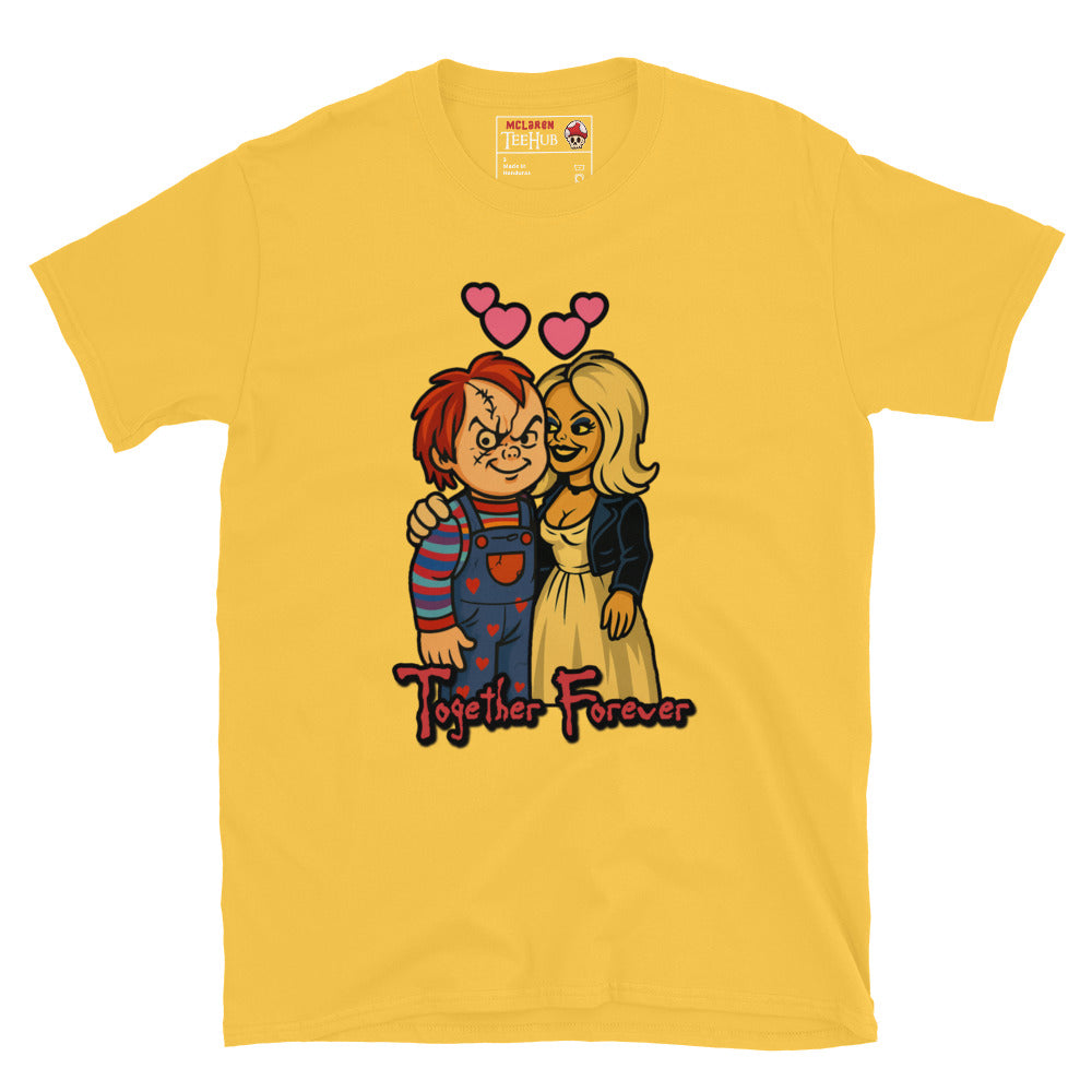 Daisy Yellow T-shirt featuring cartoon-style Chucky and Tiffany with hearts above their heads and the phrase “Together Forever” in horror font