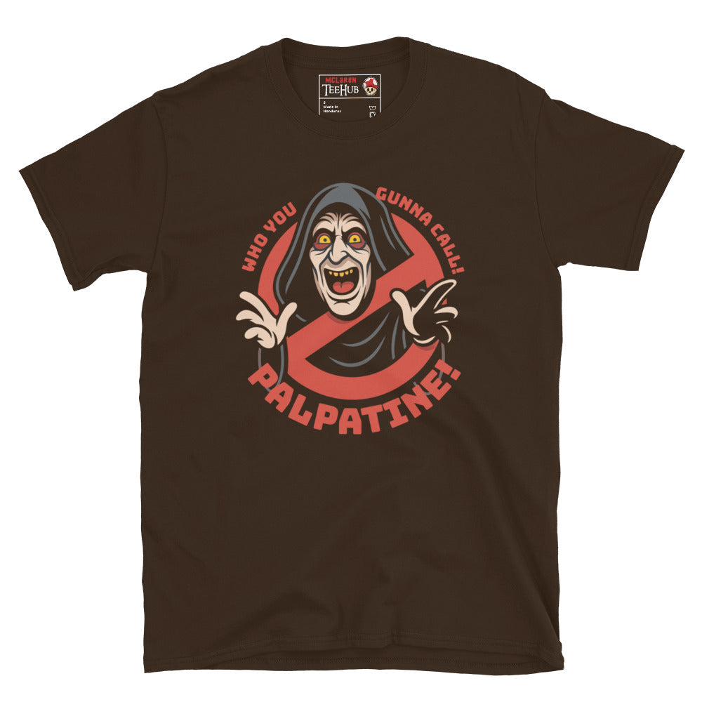 Dark Chocolate Palpatine Ghostbusters mashup T-shirt featuring Emperor Palpatine in Ghostbusters logo with text “Who You Gonna Call? Palpatine!” – McClaren Tee Hub exclusive.