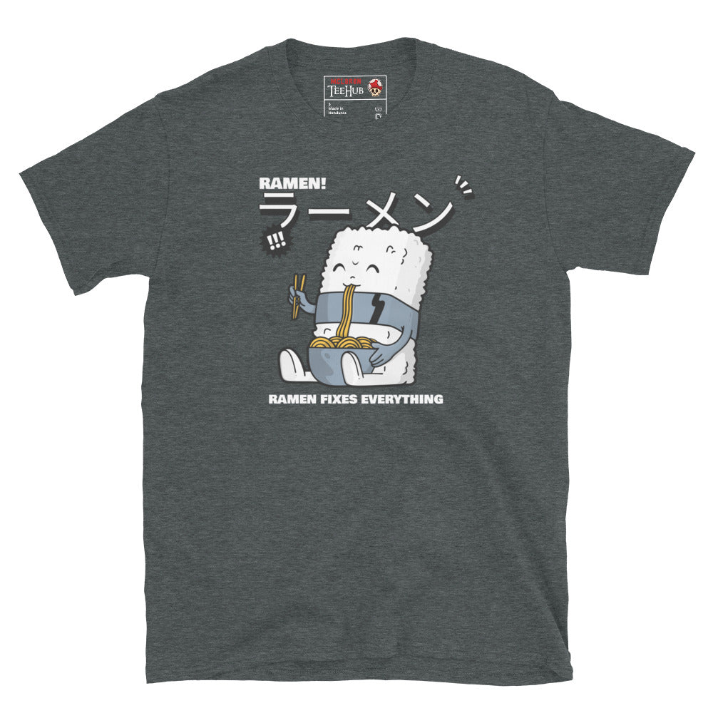 Cute ramen cartoon T-shirt with Japanese text and a rice character holding noodles – "Ramen Fixes Everything" design. Dark Heather