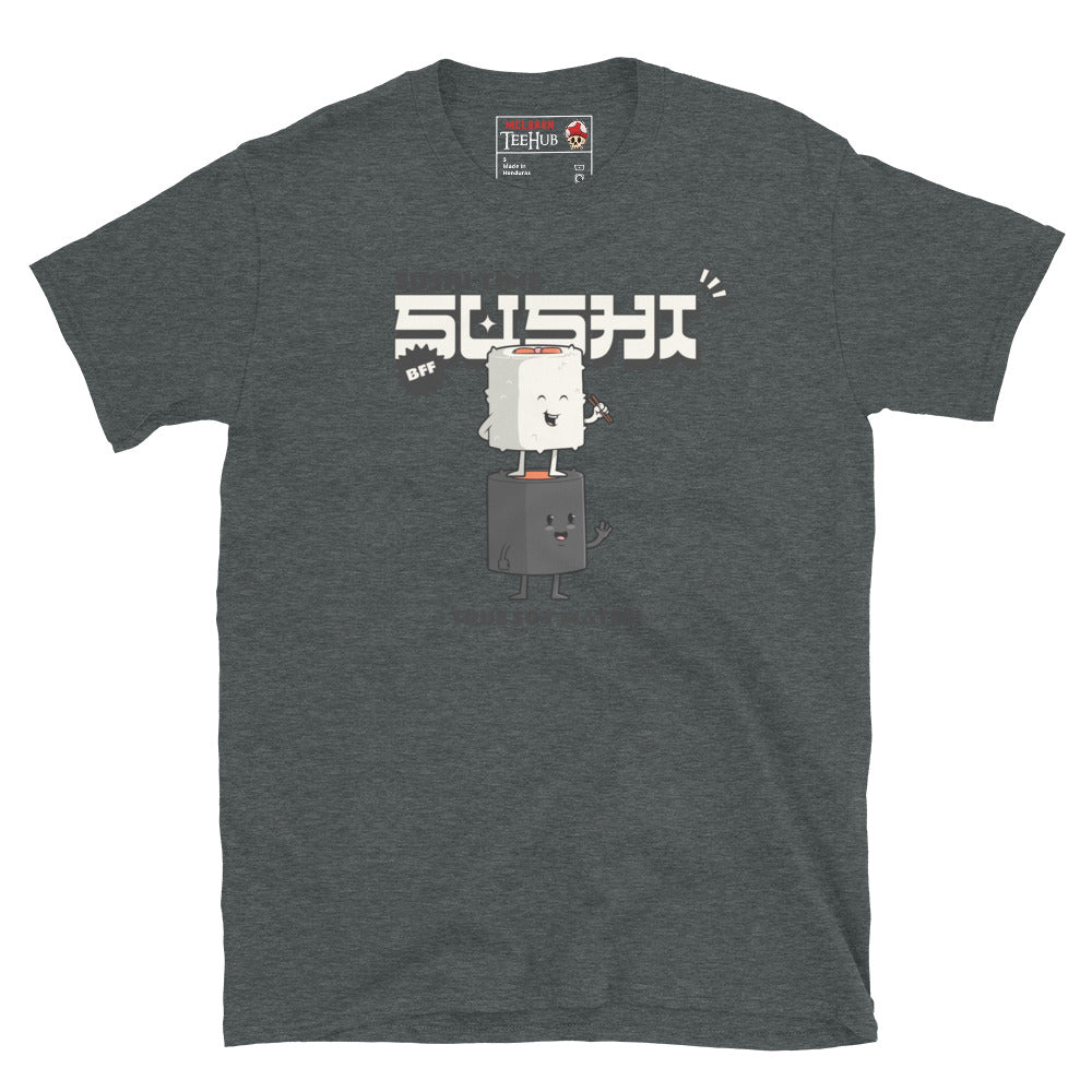 Dark Heather T-shirt with cartoon sushi roll and soy sauce bottle, Japanese text, and the phrase “True Soy Mates!”