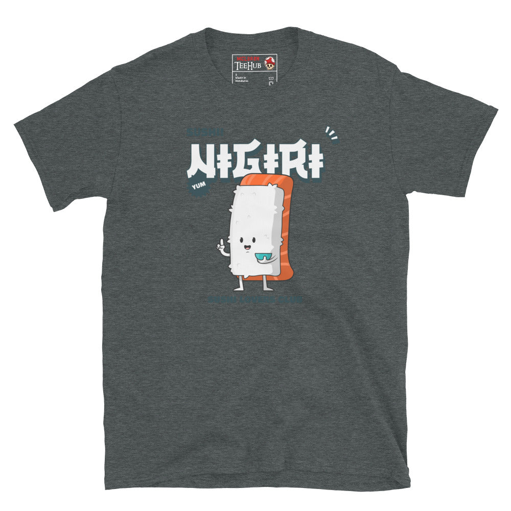 Dark Heather T-shirt featuring a cute cartoon salmon nigiri with “Sushi Lovers Club” text and bold Japanese graphics.