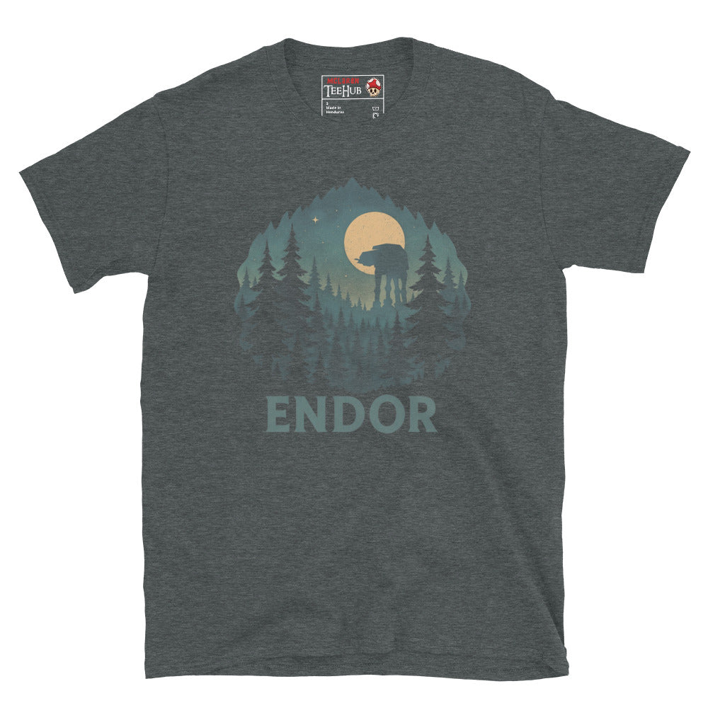Dark Heather T-shirt featuring a forest scene with trees, full moon, and an AT-AT silhouette, with the word “Endor” below – inspired by Star Wars.