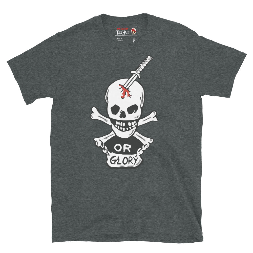 Dark Heather T-shirt featuring the "Or Glory" skull and katana design inspired by Private Hudson's body armor from the movie Aliens.