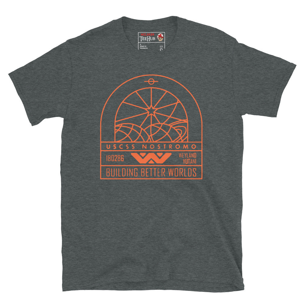 Dark Heather T-shirt featuring a minimalist orange line art graphic of the USCSS Nostromo badge with Weyland-Yutani branding and “Building Better Worlds” slogan.