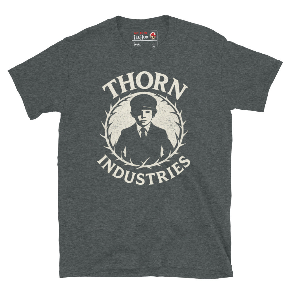 Dark Heather T-shirt featuring the fictional "Thorn Industries" logo with a silhouette of Damien Thorn from The Omen, surrounded by a thorny wreath.