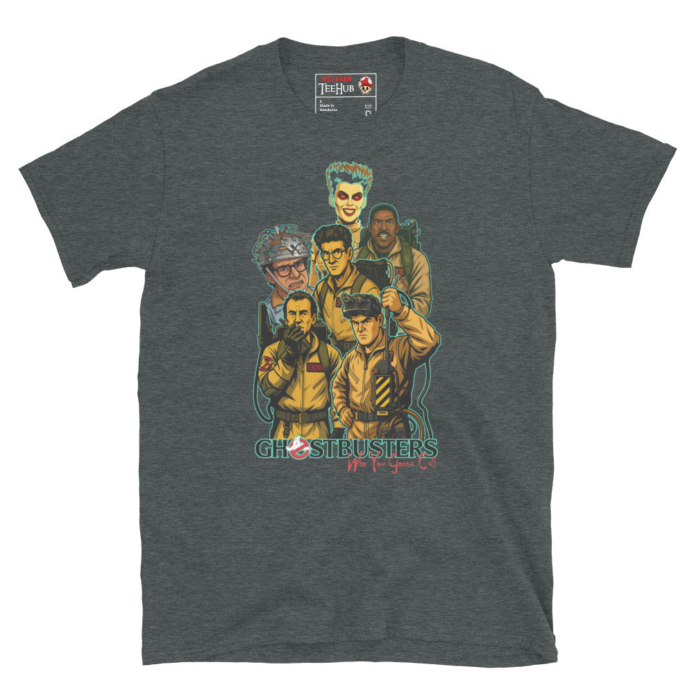 Ghostbusters "Who You Gonna Call?" Dark Heather T-shirt with classic 80s movie characters design.