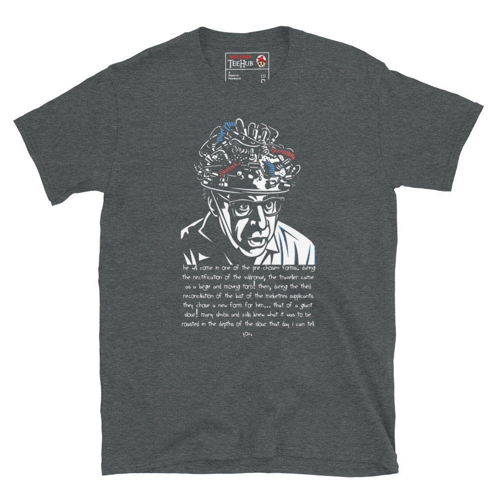 Dark Heather Ghostbusters T-shirt featuring Louis Tully with a wired helmet and the Giant Sloar quote, exclusive to McClaren Tee Hub.