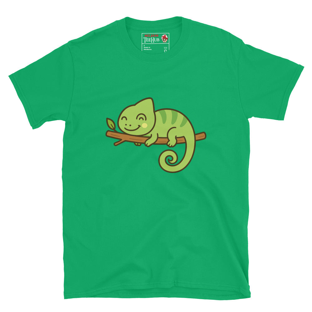 Green t-shirt with a cartoon chameleon design on a white background