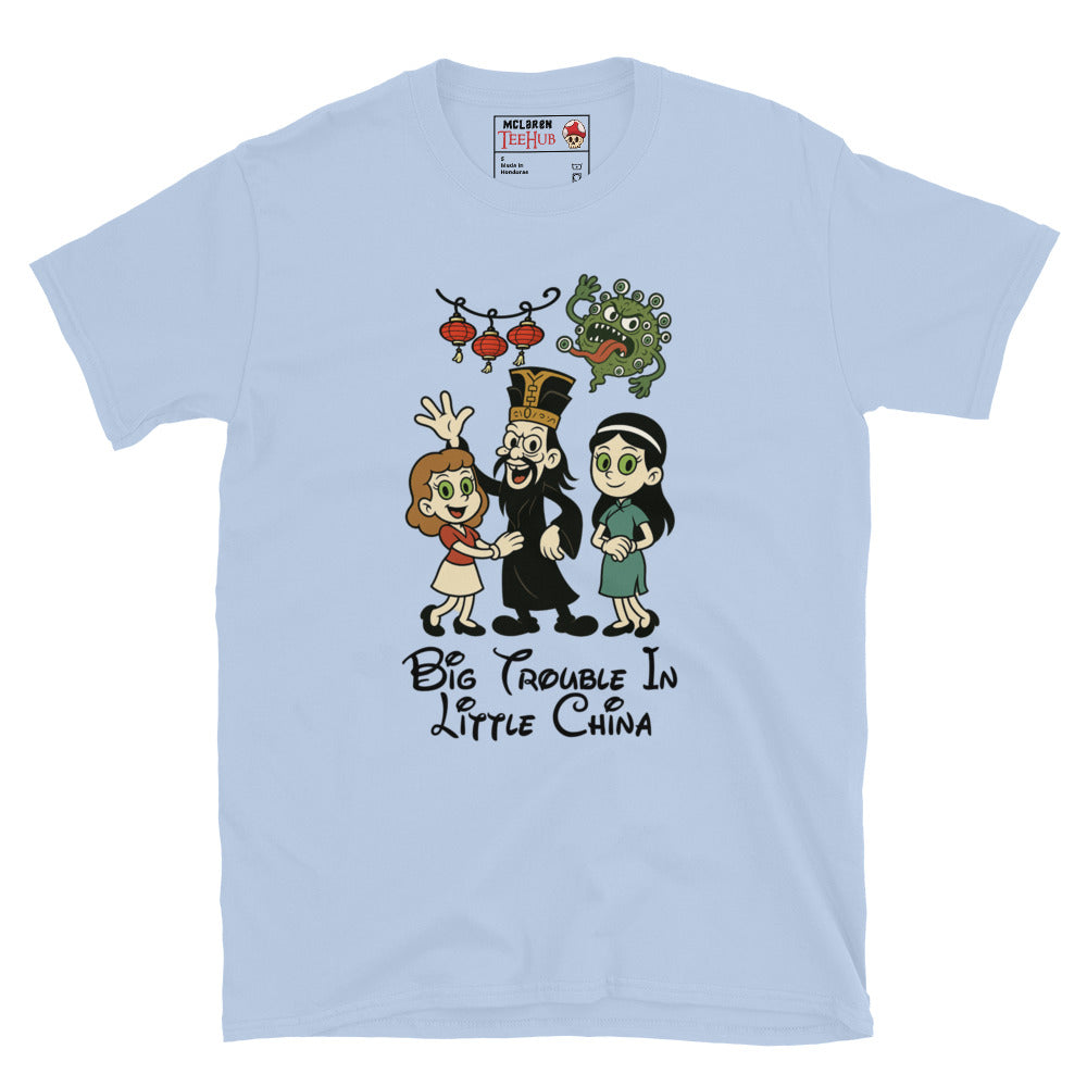 Big Trouble in Little China Rubber Hose Cartoon light blue T-Shirt – Lo Pan, Gracie & Miao Yin Parody – McLaren T-Hub Exclusive